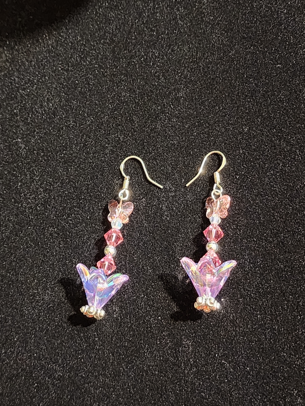 Pink Crystal Floral Drop Earrings - Swarovski Butterfly Sitting In A Tulip.